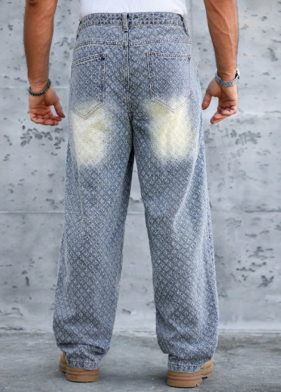 Loose Fit Men's Cotton Jeans With Slant Pockets Baggy Long Washed Skater Jean